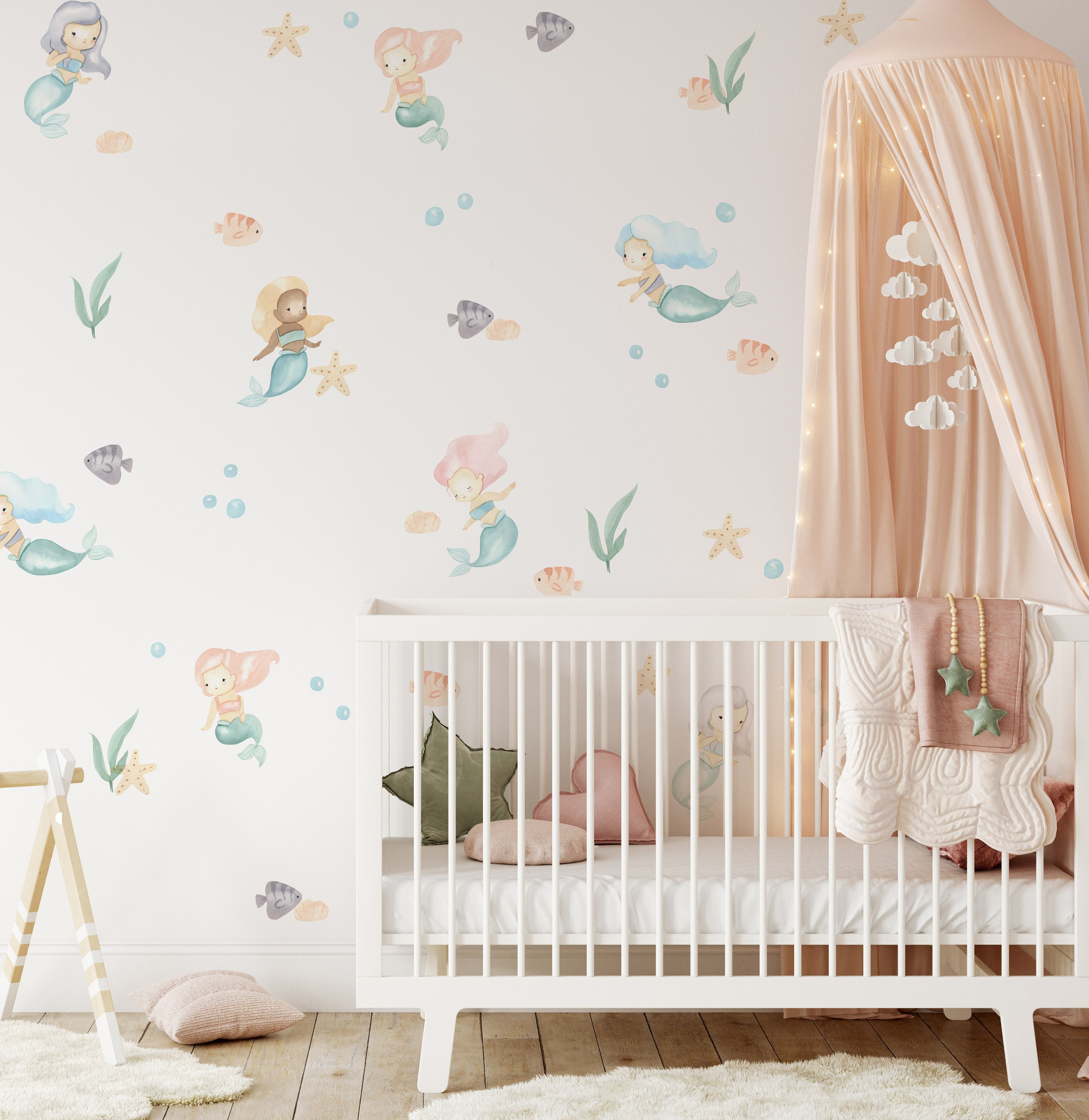 Watercolor Mermaid Wall Decals // 108 Decals / Fabric Ocean Theme Wall ...