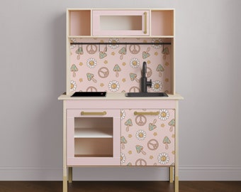 IKEA DUKTIG Play Kitchen in 'Give Peace a Chance' // Play Kitchen Decal Set / IKEA Hack / Play Kitchen Stickers