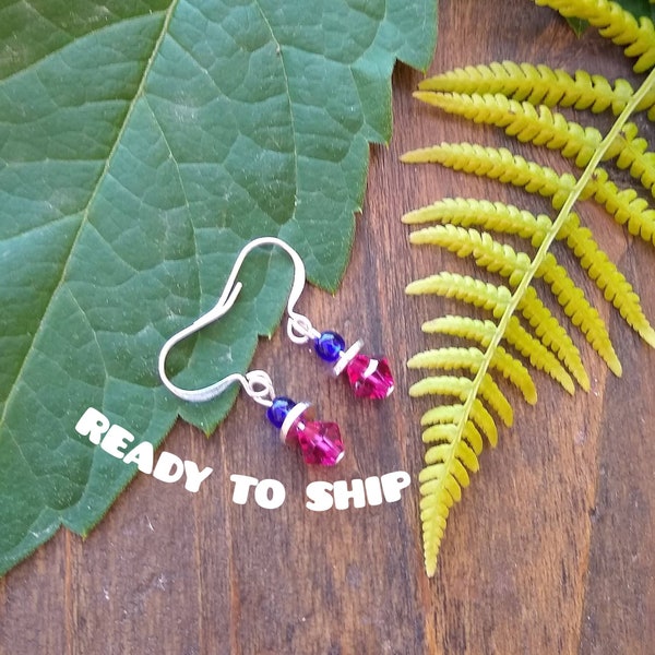 Blue and pink crystal earrings, jewelry for women, gifts under 10, ready to ship