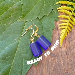 Blue and gold sea glass earrings, jewelry for women, gifts under 10, ready to ship