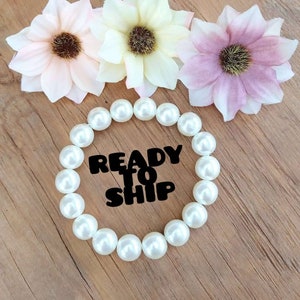 White glass pearl stretch bracelets, jewelry for women, gifts under 10, ready to ship
