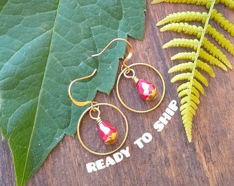 Gold hoop earrings, red beaded earrings, jewelry for women, gifts under 10, ready to ship