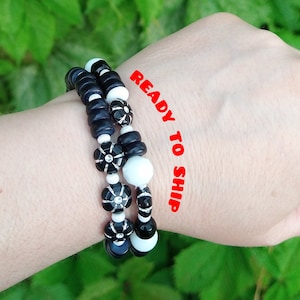 Black and white stretch bracelets, jewelry for women, gifts under 10, ready to ship