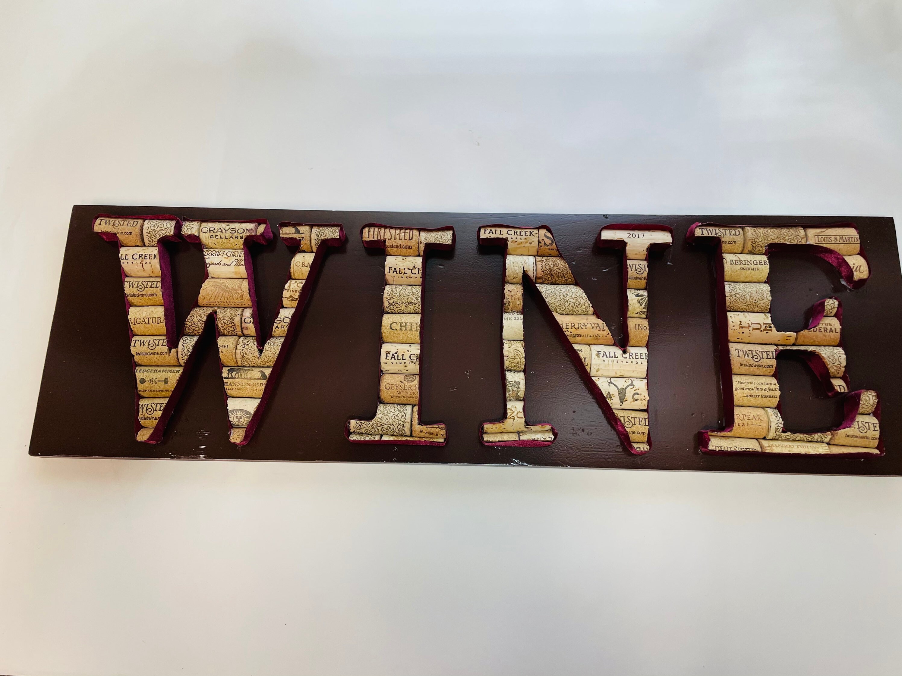 WINE Cork Sign with Maroon ribbon and brown board Etsy