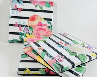 Black and White Stripe and Floral Ceramic Coasters