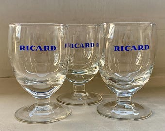 Three Ricard glasses, Small Ricard glasses, Vintage Ricard glasses, Ricard bistro glasses, Ricard French glasses, Ricard balloon glasses