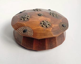 Antique round wooden box, Antique wood and metal box, Faceted wooden box, Vintage wooden box, Round wooden box