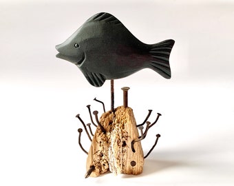 Black wooden fish, Driftwood fish, Black fish, Fish statuette, Wooden fish sculpture, Seaside decor, Black fish statue, fish