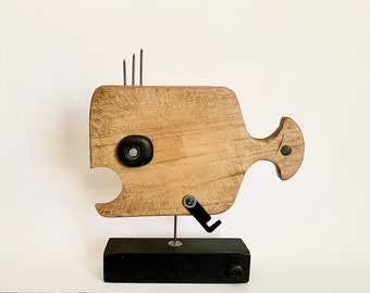 Fish in wood and metal, wooden fish sculpture, black wooden fish, seaside decoration, wooden fish statuette, wooden fish statue