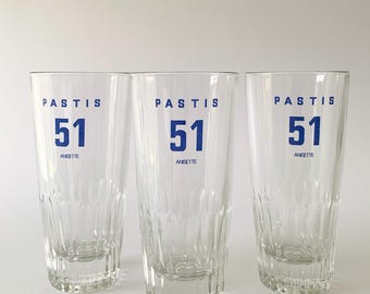 Three Pastis 51 glasses, Pastis 51 glasses, Vintage Pastis 51 glasses, Pastis glasses from France, Pastis 51 aniseed glasses