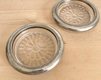 Two vintage glass and silver-plated bottle coasters, wine bottle coasters, cut glass bottle coasters, vintage bottle coasters
