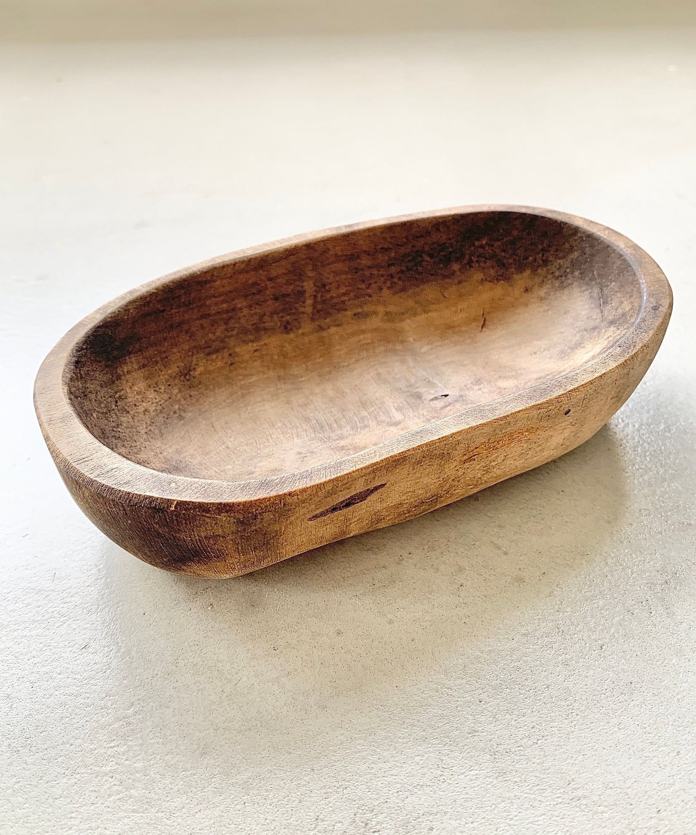 Antique handmade olive wood dish, Olive wood dish, Handmade olive wood oval bowl, Handmade wooden bowl, Olive wood empty pocket, France