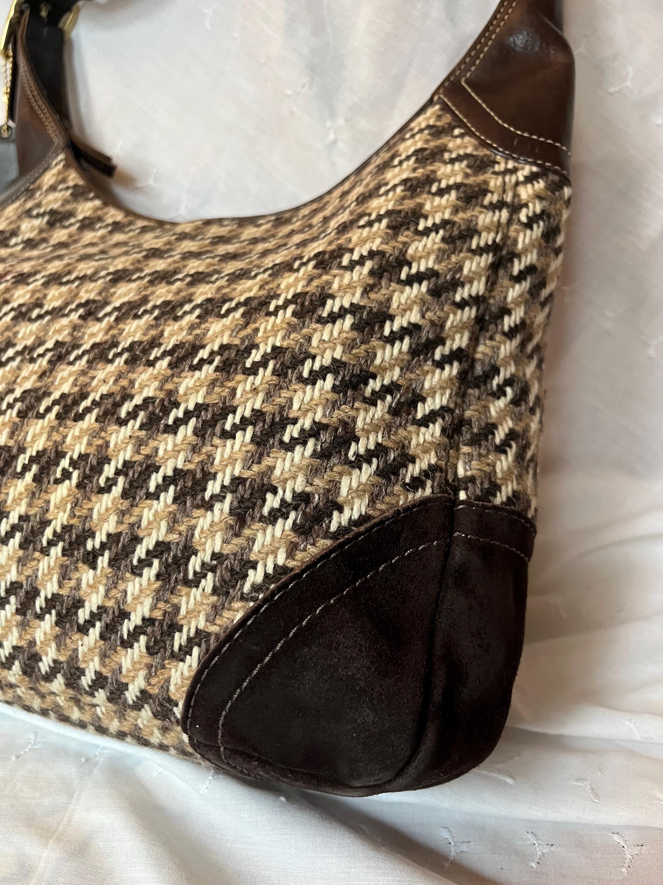 Coach houndstooth fabric hat with leather trim exterior wool lining polyester Coach Brow Leather Houndstooth Wool Hampton Shoulder Bag  main image 3