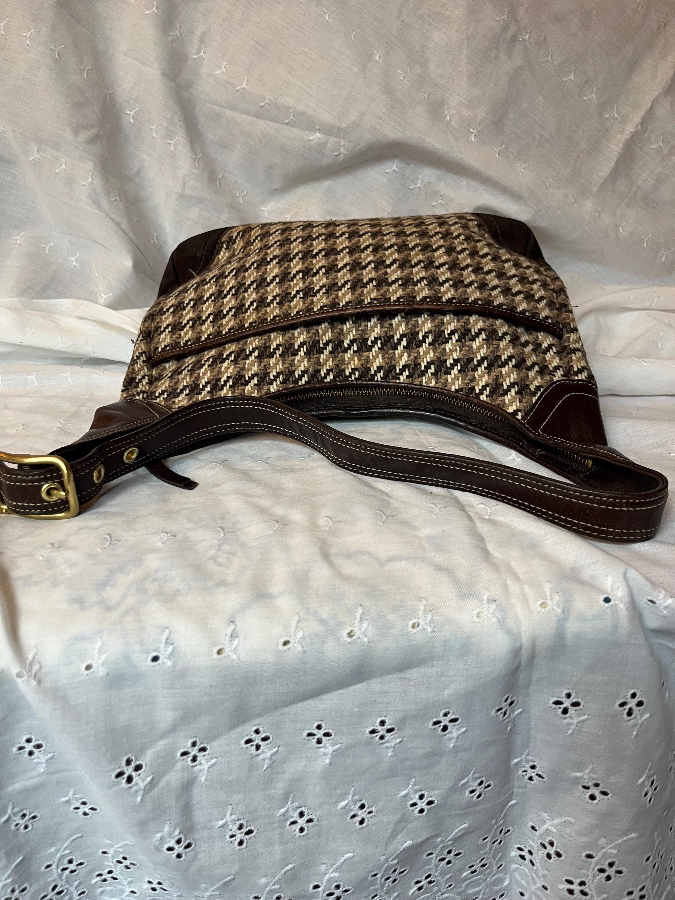 Coach Brow Leather Houndstooth Wool Hampton Shoulder Bag 