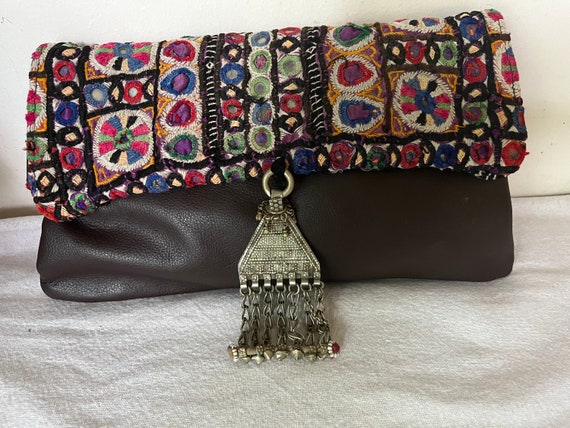 Vintage Leather Banjara Clutch Bag Embroidered Mi… - image 1