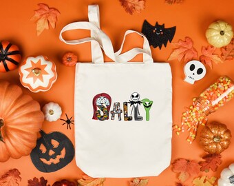 Halloween Canvas Tote Bag: Jack and Sally Trick or Treat Bag