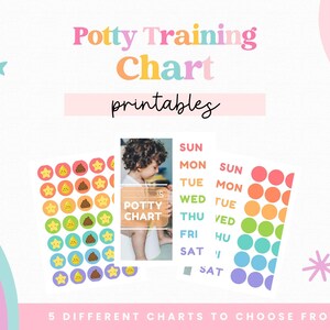 May include: Five different printable potty training charts with a rainbow theme. The charts feature a variety of designs, including stars, circles, and a child's face. The text on the charts includes the days of the week, "Potty Chart", and "5 Different Charts to Choose From!"