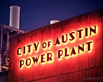 City of Austin Seaholm Power Plant - Historic Art Deco Neon Sign Photograph