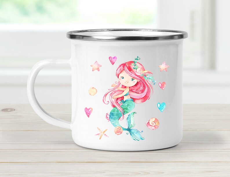 Emaille Tasse Meerjungfrau Becher Kind Kindergarten personalisiert Bild 1