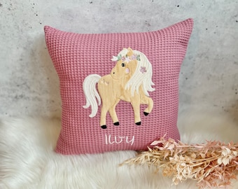Kissen mit Namen - Pferd Pony - Namenskissen - Kissen personalisiert - Geschenk zur Geburt - Geburtskissen - Taufe - Geburtstag Mädchen