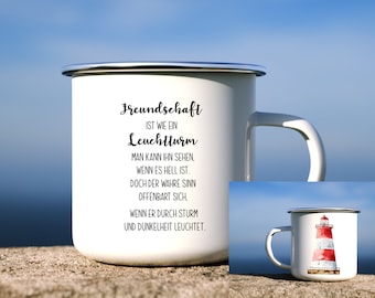 Emaille Tasse  Becher  Kaffee Freundschaft Leuchtturm personalisiert