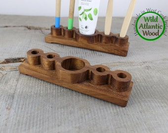Wooden Freestanding Teak Toothbrush And Toothpaste Holder for 4 Brushes and 1 Tube of Toothpaste, Handmade Bathroom Accessory