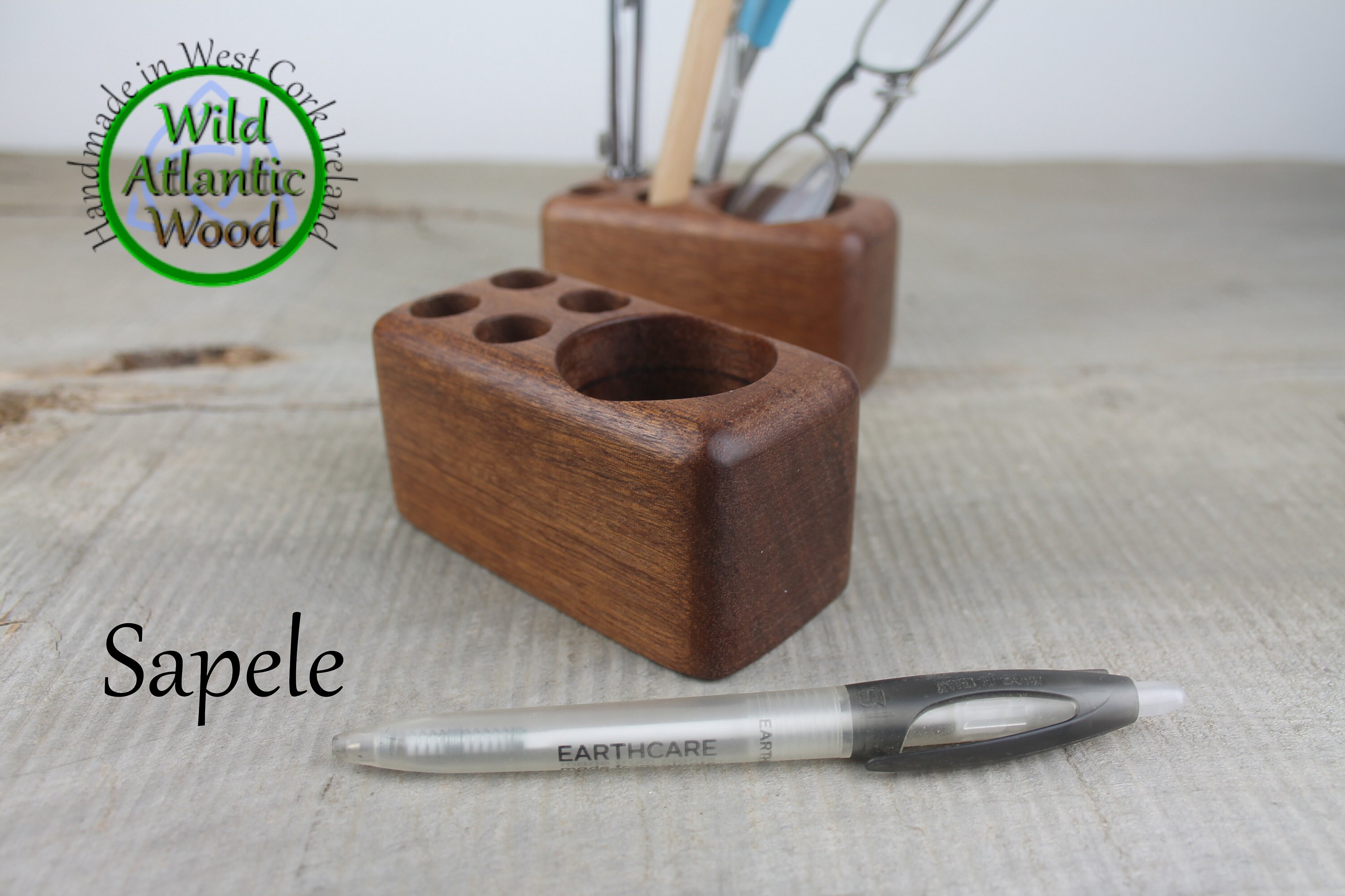 Small Wooden Desk Caddy, Wooden Pencil and Pen Holder, Wood Desk Organizer,  Walnut and Sapele Wood Desk Accessory, Personalized Gift 