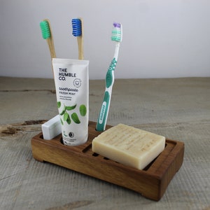 Support de salle de bain pour porte-savon et brosse à dents fait main à partir de bois durable, porte-dentifrice en teck, cadeau de pendaison de crémaillère. image 4