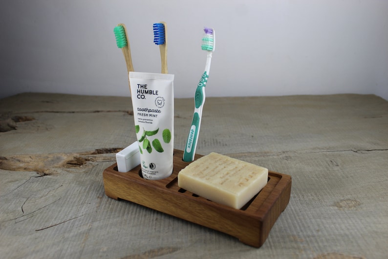 Support de salle de bain pour porte-savon et brosse à dents fait main à partir de bois durable, porte-dentifrice en teck, cadeau de pendaison de crémaillère. image 4