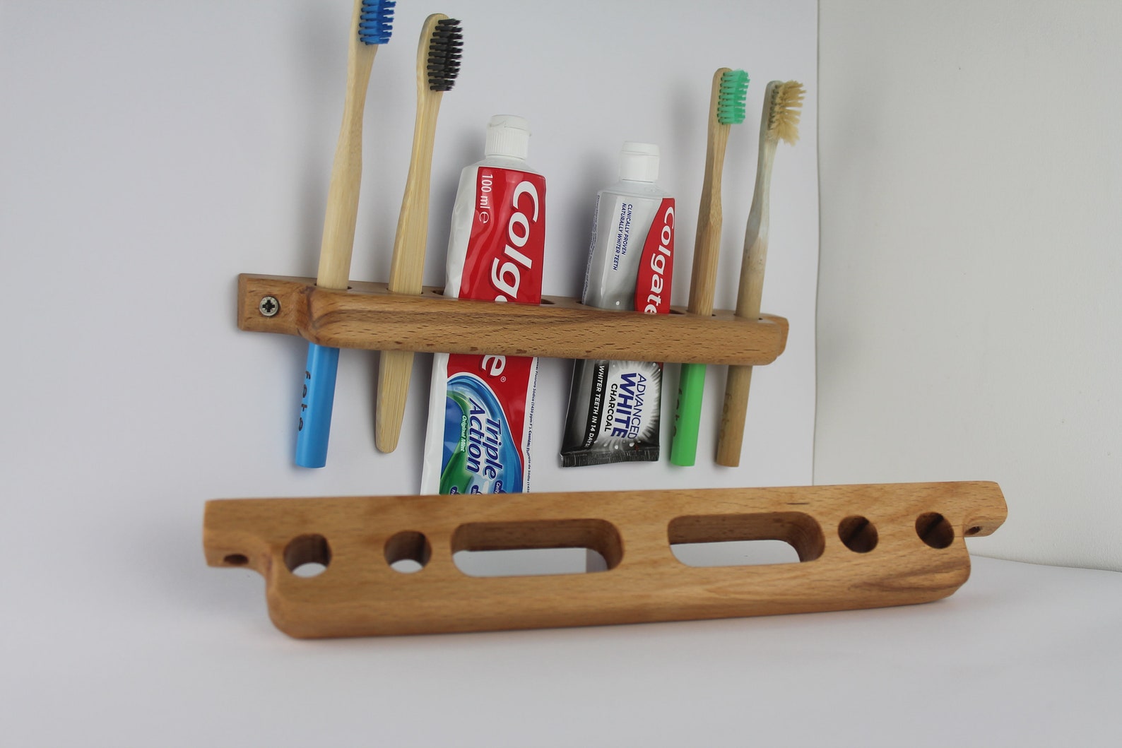 Double Toothpaste and Toothbrush Holder Wall Mounted Wooden Etsy
