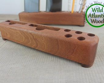 Wood Docking Station For Two Phones And Five Pens or Pencils Handmade From Sustainable Timber, Wooden Desk Organizer, 5th Anniversary Gift