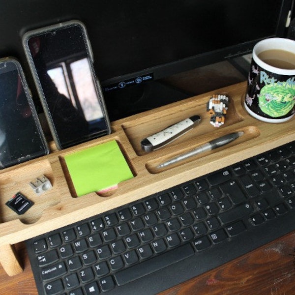 Desk Organizer With Dual Docking Station Handmade From Solid Oak Perfect For Home Or Office, Can Be Personalized