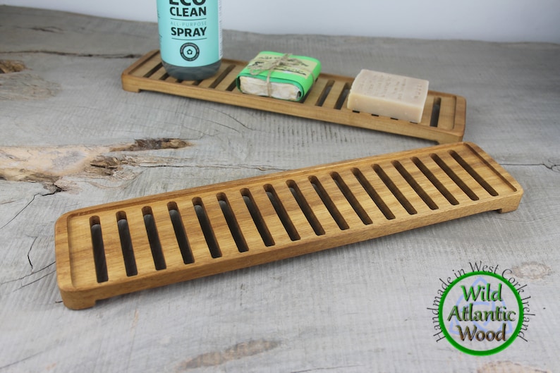 Handmade Iroko Wood Soap Dish, Extra Large Self Draining Tray image 1