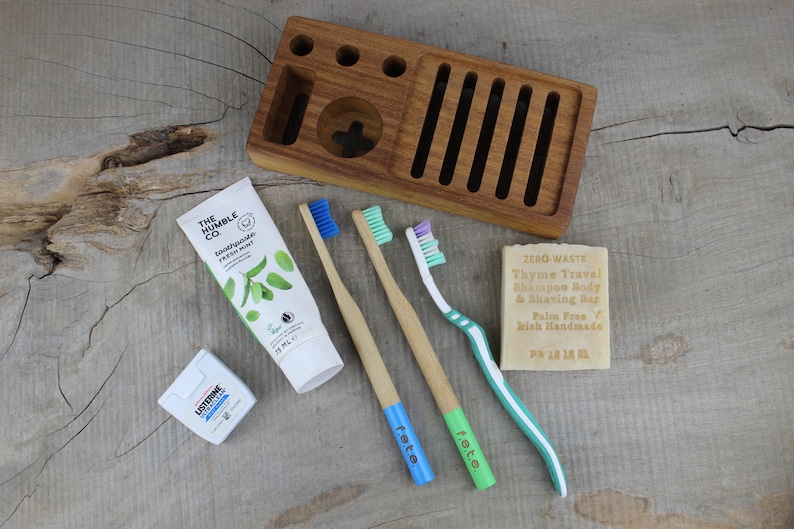 Badezimmer Seifenschale und Zahnbürstenhalter Handgefertigt aus nachhaltigem Holz, Zahnpastahalter aus Teakholz, Einweihungsgeschenk. Bild 3
