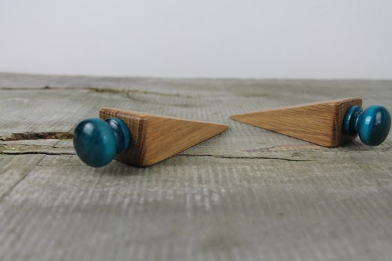 Small Oak Wedge Shape Door Stop With Blue Handle Door Etsy