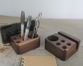 Small Wooden Desk Caddy With phone or Notebook Slot, Wooden Pencil And Pen Holder, Wood Desk Organizer, Walnut Wood Desk Accessory