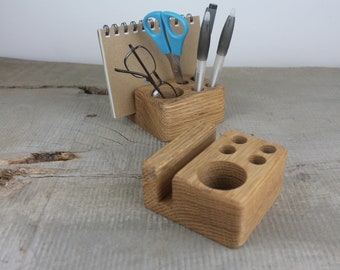 Small Oak Wooden Desk Caddy With phone or Notebook Slot, Wooden Pencil And Pen Holder, Wood Desk Organizer, Walnut Wood Desk Accessory