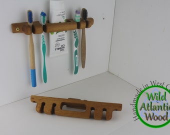 Wooden Teak Toothbrush And Toothpaste Holder for 4 Brushes and 1 Tube of Toothpaste, Rustic Wall Mounted Toothbrush Organizer