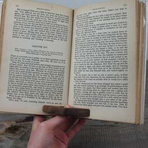 May include: An open book with a brown wooden bookmark. The book is titled "The Dog Crusoe" and the chapter is titled "Chapter XVI". The text on the page discusses the importance of listening to advice and the story of Dick Varley.