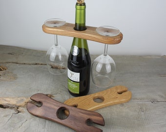 Wooden Wine Bottle And Glass Caddy, Portable Rustic Wine Glass Rack, Personalized Wine And Glass Display, 5th Anniversary Gift