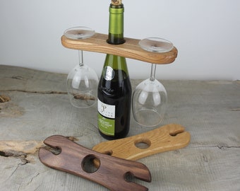 Handmade Wooden Wine Caddy, Personalised Rustic Wine Glass Holder Gift