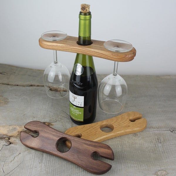 Caddy de madera para botellas de vino y copas, estante rústico portátil para copas de vino, exhibición personalizada de vino y copa, regalo del quinto aniversario
