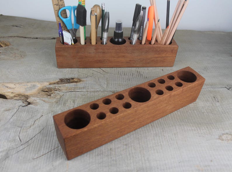 Wooden Desk Caddy, Wood Pencil And Pen Holder, Walnut And Sapele Mahogany Desk Organizer, Desk Accessory, Personalized Gift image 11