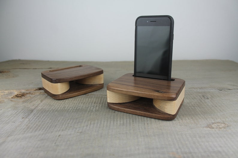 Handmade walnut and maple phone stand passive amplifier.