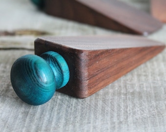 Small Walnut Wedge Shape Door Stop With Blue Handle, Door Stopper, Personalized, Wooden Door Stop, Home Improvement, Home Decor, Door Wedge