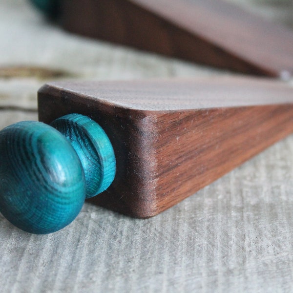 Small Walnut Wedge Shape Door Stop With Blue Handle, Door Stopper, Personalized, Wooden Door Stop, Home Improvement, Home Decor, Door Wedge