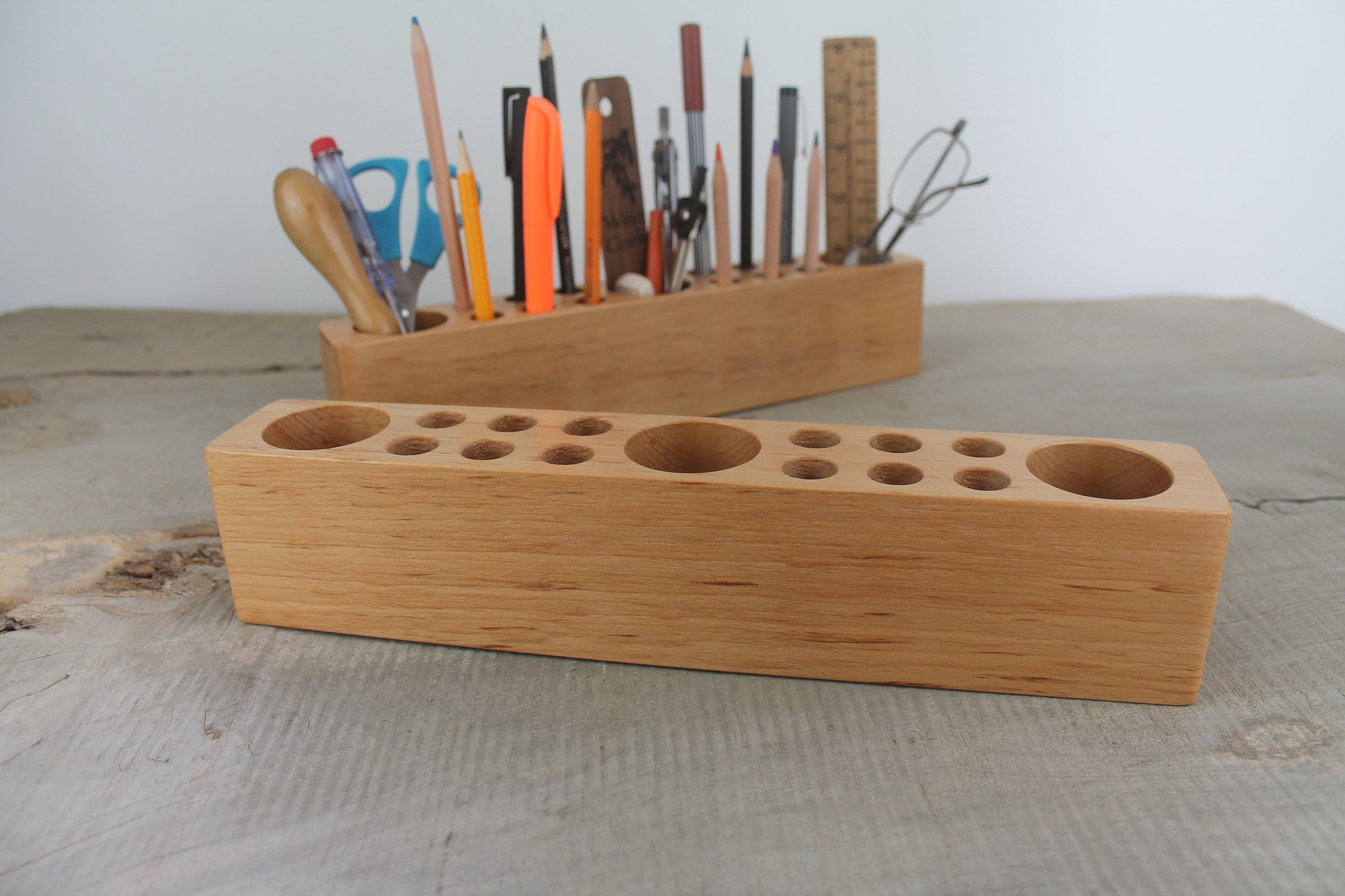 Wooden Desk Caddy, Wood Pencil And Pen Holder, Beech Desk Organizer, Desk Accessory, Personalized Gift