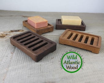 Chunky Wooden Soap Dish Handmade From Teak And Walnut For Bathroom Or Kitchen, Draining Design