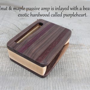 Amplificador pasivo de madera y soporte para smartphone, nogal y arce, soporte de madera para teléfono, regalo personalizado, altavoz acústico imagen 14