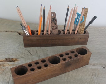 Wooden Desk Caddy,  Wood Pencil And Pen Holder, Walnut And Sapele Mahogany Desk Organizer, Desk Accessory, Personalized Gift